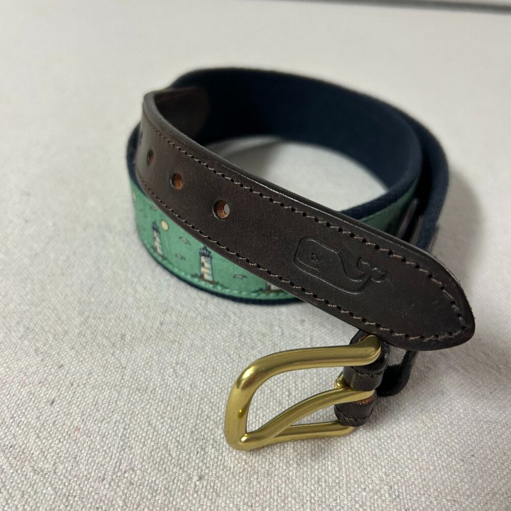 Vineyard Vines Belt Mens 30 Green Lighthouse Print Brown Leather Gold Buckle